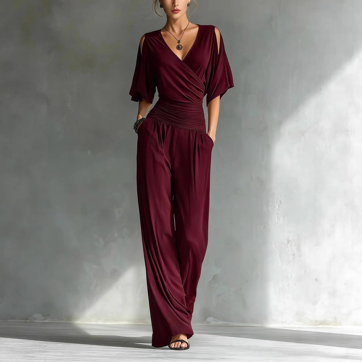 Cold Shoulder Wrap V Ruched Waist Wide Leg Jumpsuit