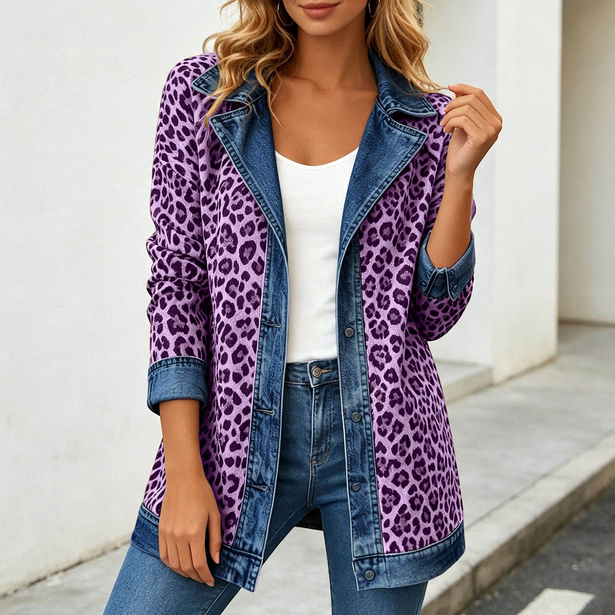 Leopard Print Denim Jacket – Women's Casual Oversized Style