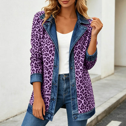 Leopard Print Denim Jacket – Women's Casual Oversized Style