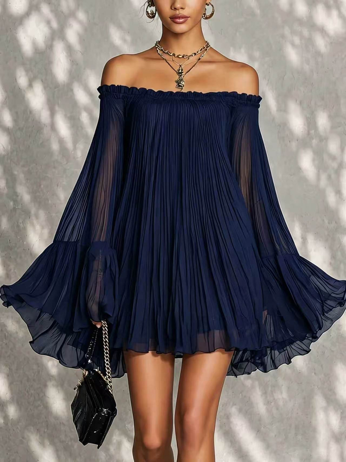 Off‑Shoulder Pleated Chiffon Bell‑Sleeve Mini Dress