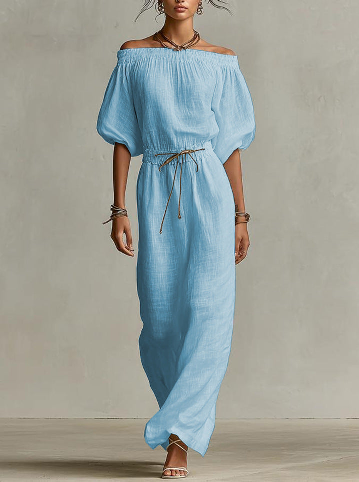 Off‑The‑Shoulder Linen‑Blend Maxi Dress