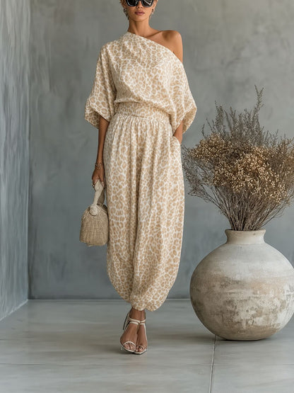 Leopard Print One Shoulder Batwing Top & Cuffed Harem Jogger 2 Piece Co-Ord Set
