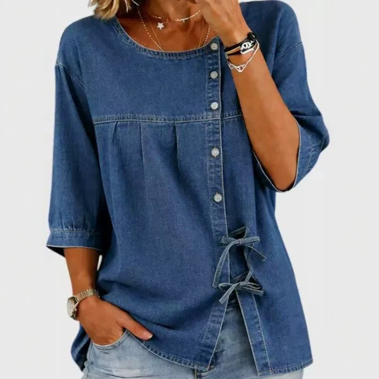 Denim Tie-Front Blouse – Women’s Relaxed Casual Top