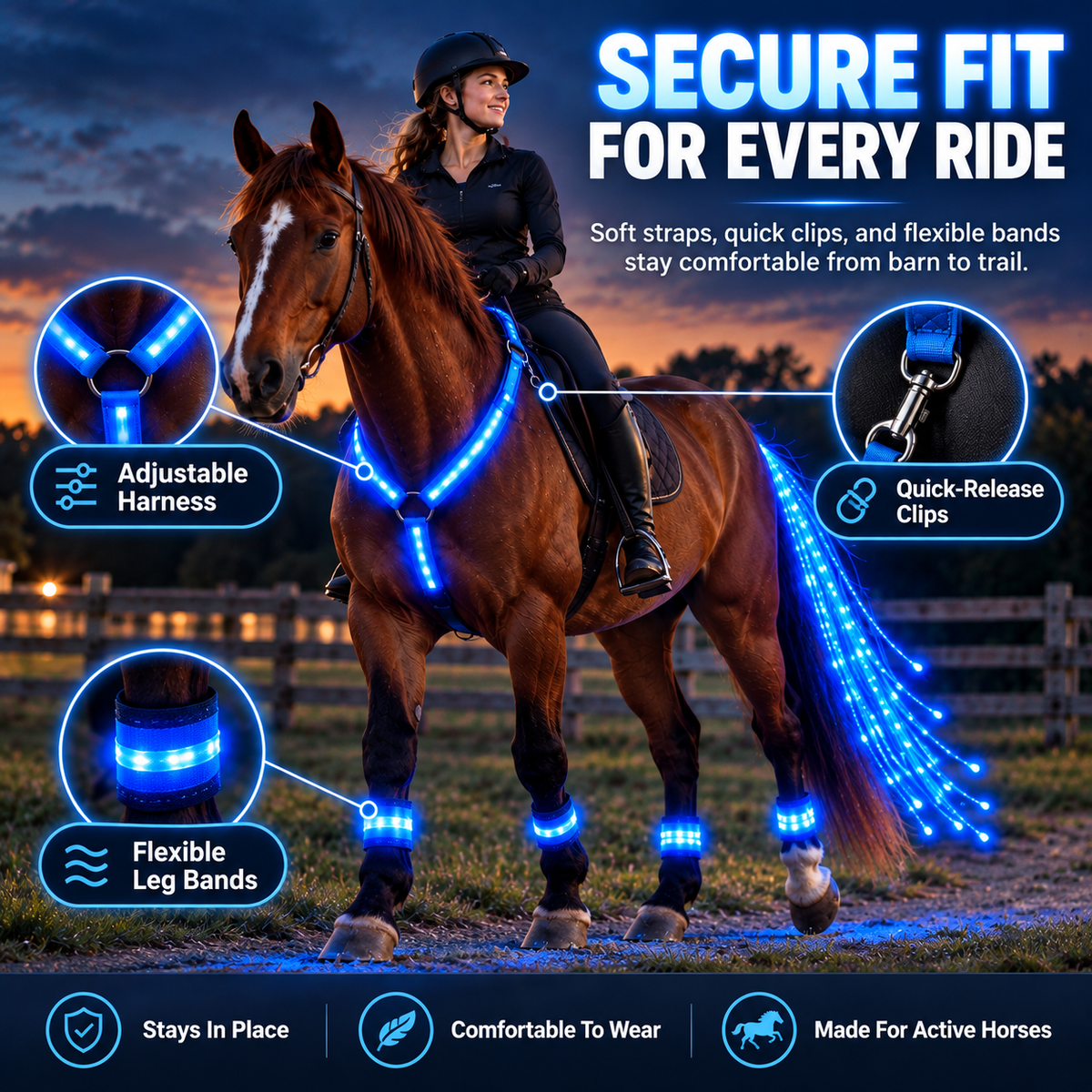 🏇LED Horse Night Riding Lights – Full-Body Glow Kit with Enhanced Visibility & 12 Lighting Modes✨