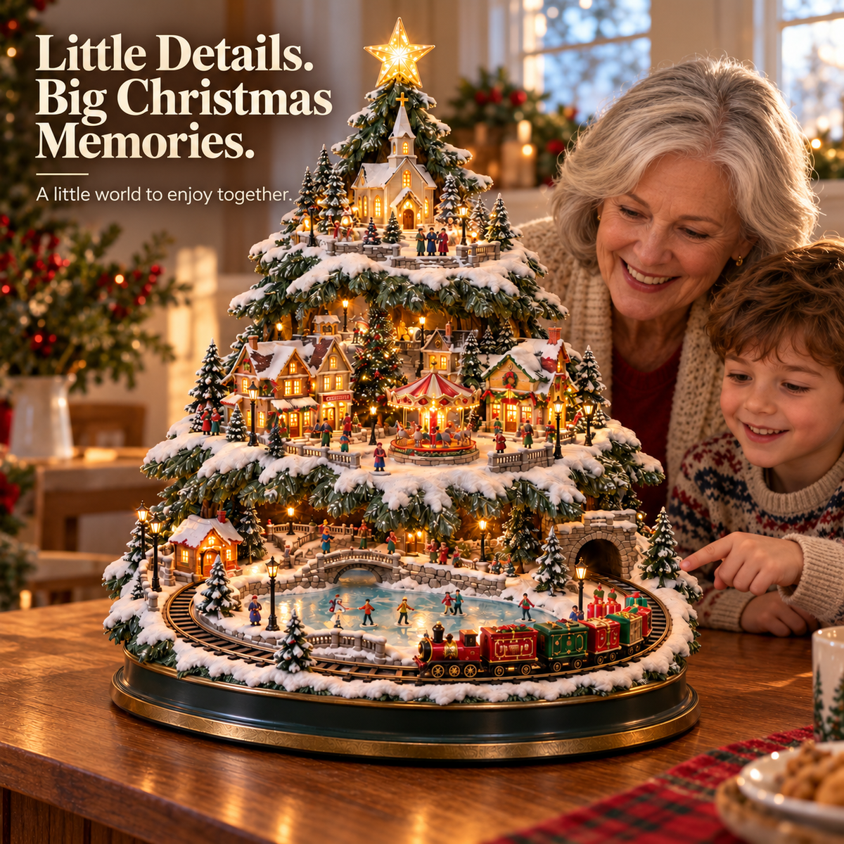 🚂🎄 Lighted Christmas Village Tree – Animated Train & Carousel Holiday Display