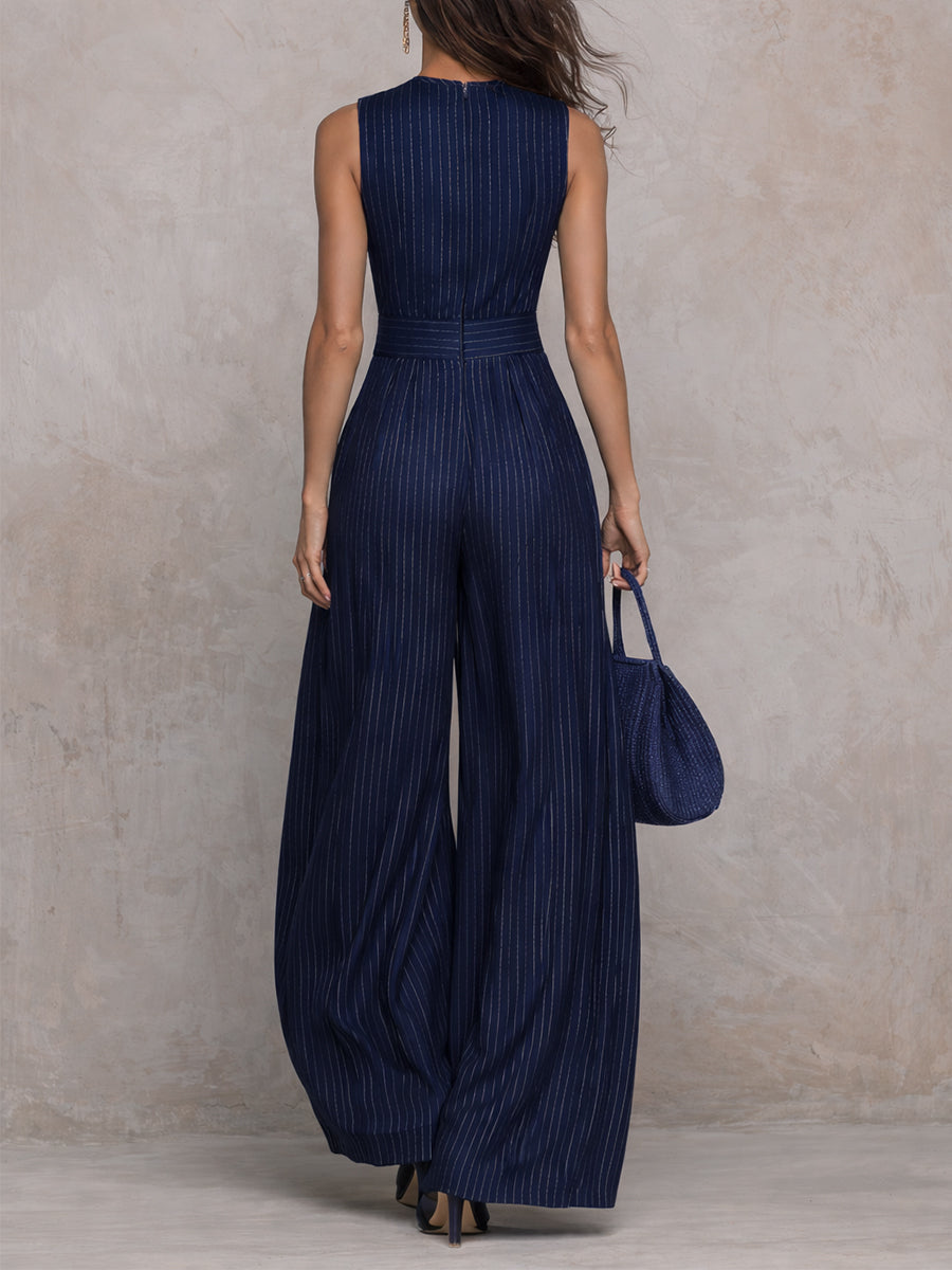 Dark Blue Striped Keyhole Neckline Wide-leg Jumpsuit