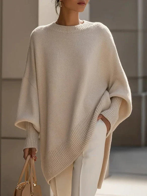 Women's Solid Beige Asymmetric Batwing Sleeve Knit Poncho Sweater