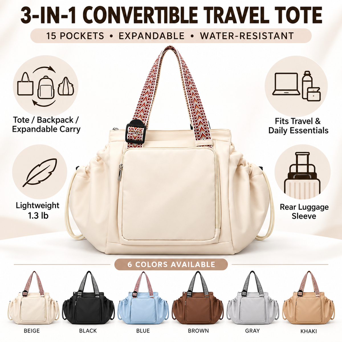 👜 3-in-1 Convertible Travel Tote – 15-Pocket Expandable Carryall
