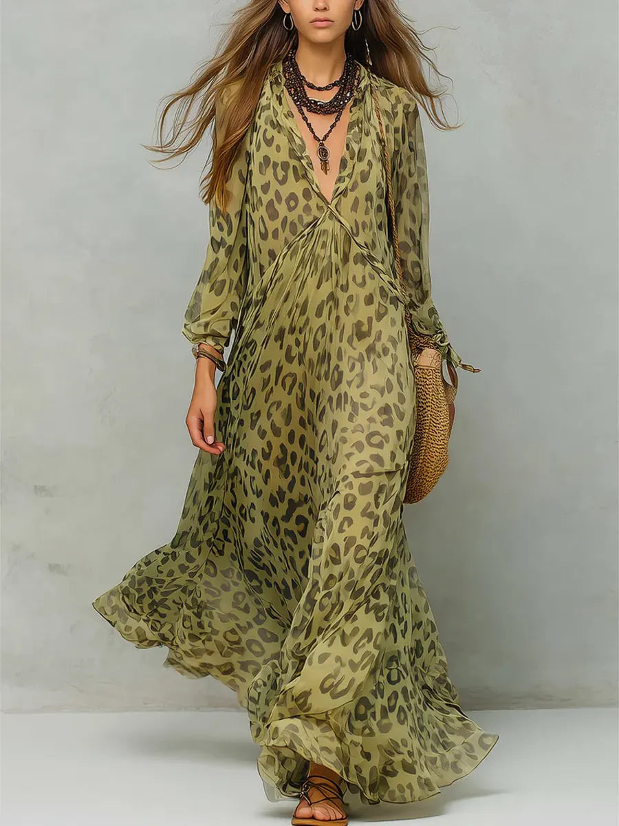 Women's Retro Leopard Pattern Art Print Casual Stylish Maxi Dress