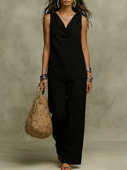 Effortless Drape Two-Piece Set - Sleeveless Cowl Neck Top & Wide Leg Pants