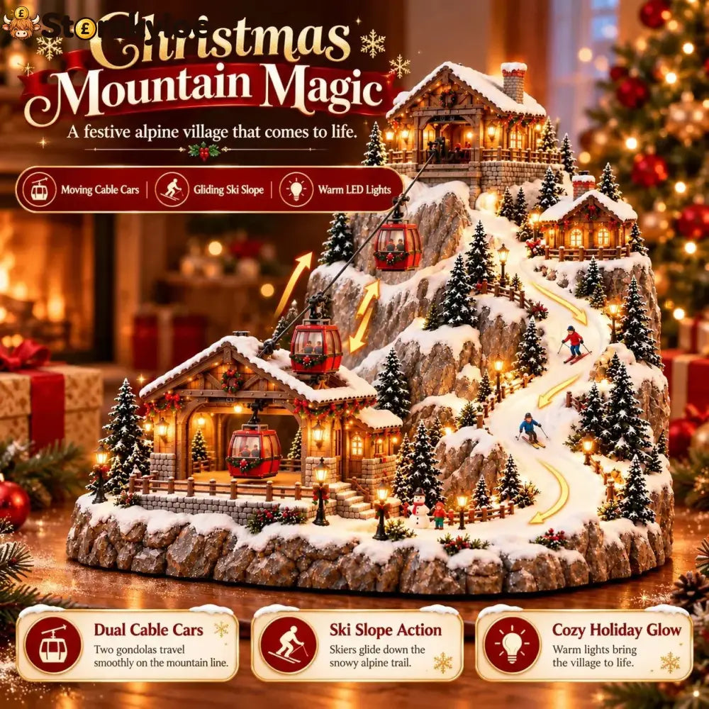 🏠Animated Christmas Mountain Cable Car & Ski Village Scene