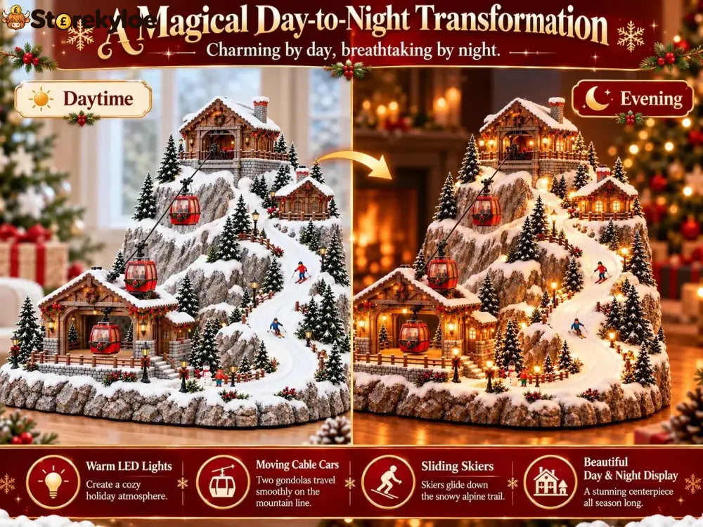 🏠Animated Christmas Mountain Cable Car & Ski Village Scene