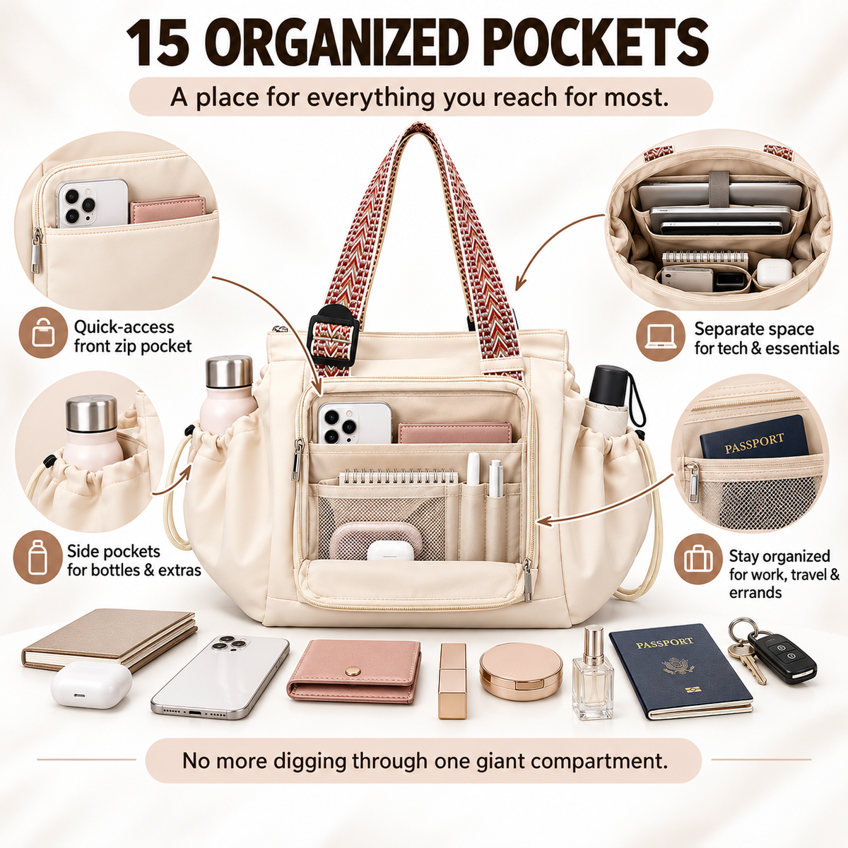 👜 3-in-1 Convertible Travel Tote – 15-Pocket Expandable Carryall