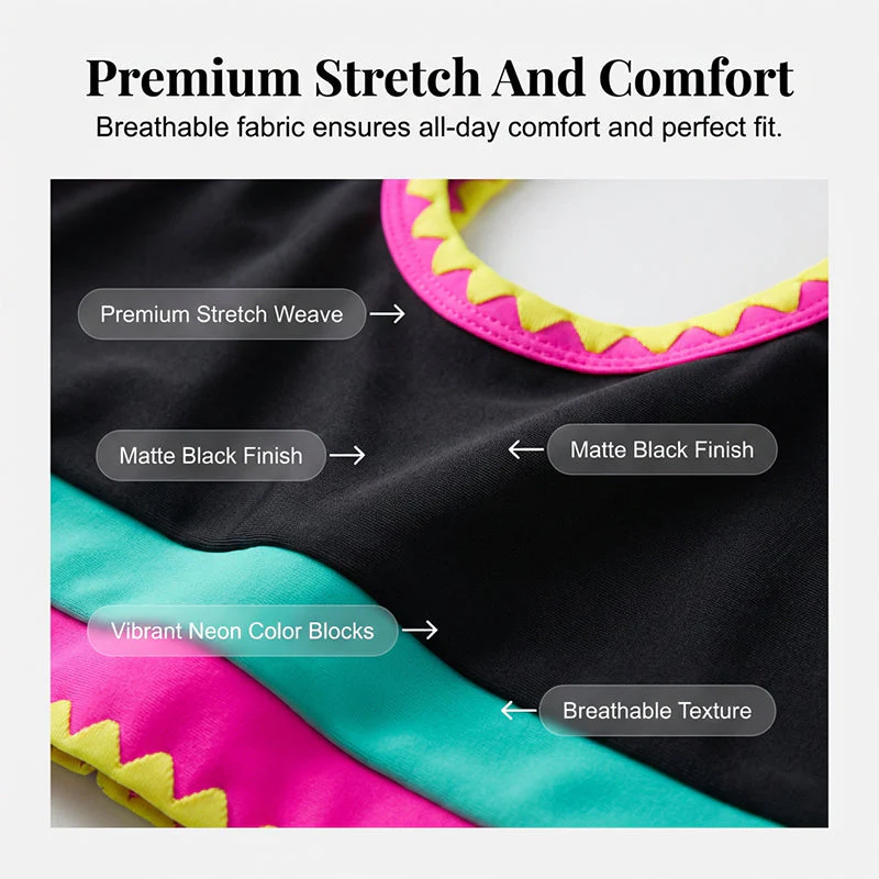 Color Contrast Patchwork Nylon Sporty 3 Piece Bikini Sets