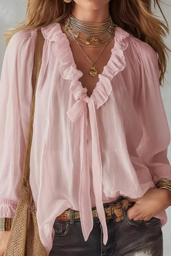 Stylish Long-sleeved V-neck Tie Loose Shirt Top