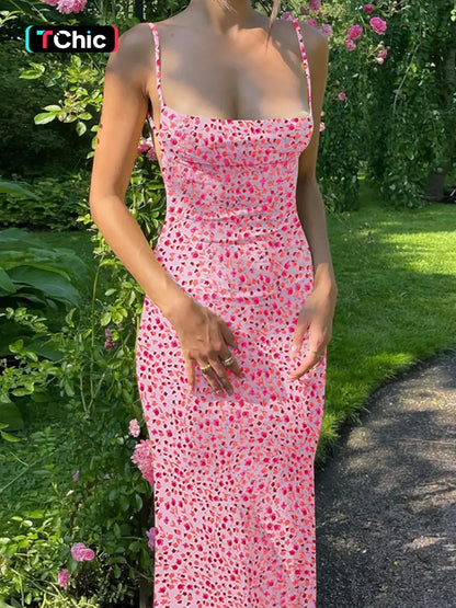 Women's Ditsy Floral Print Backless Sleeveless Cami Spaghetti Strap Dress-Casual Boho Chic
