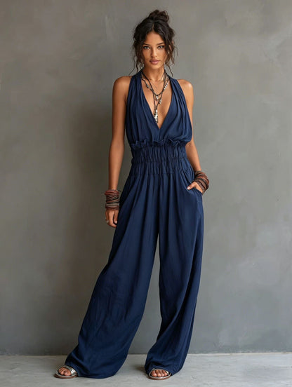 Halter Deep V Smocked Elastic Waist Wide Leg Palazzo Jumpsuit