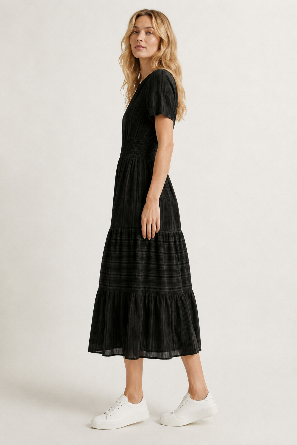 Tiered Notched Short Sleeve Dress