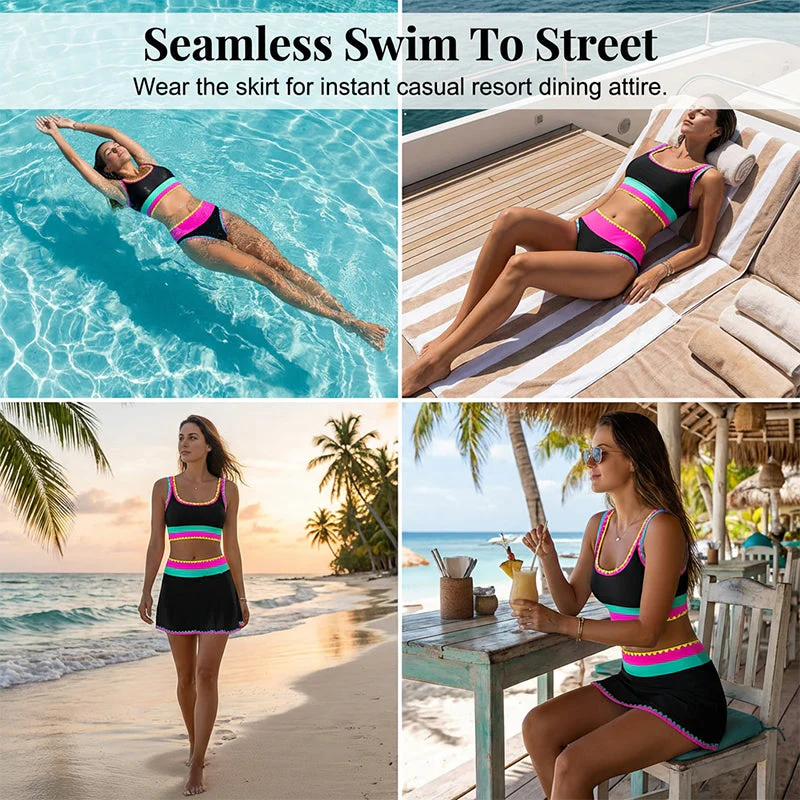 Color Contrast Patchwork Nylon Sporty 3 Piece Bikini Sets