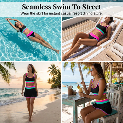 Color Contrast Patchwork Nylon Sporty 3 Piece Bikini Sets