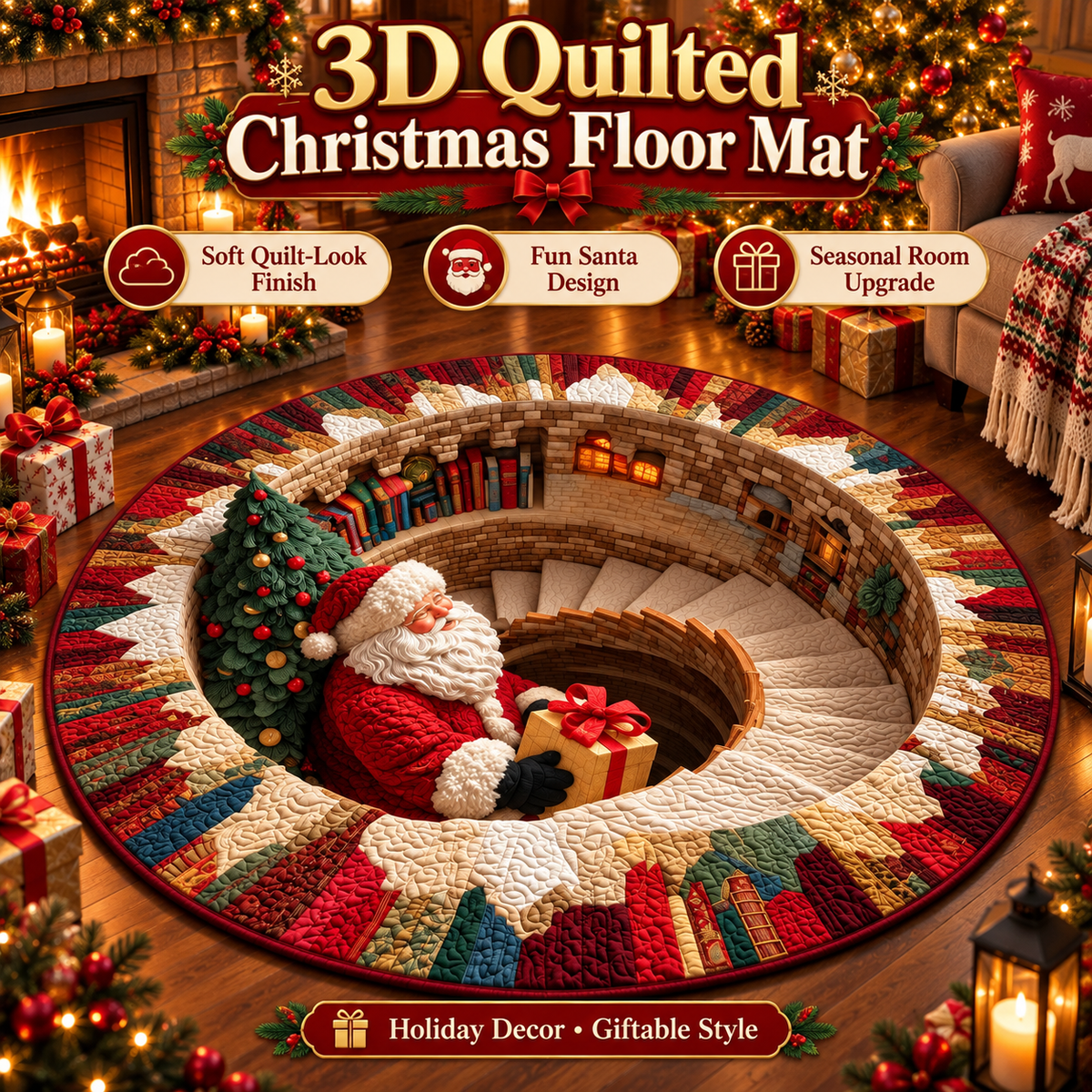 🎄 3D Christmas Santa Illusion Round Floor Mat – Cozy Holiday Home Decor