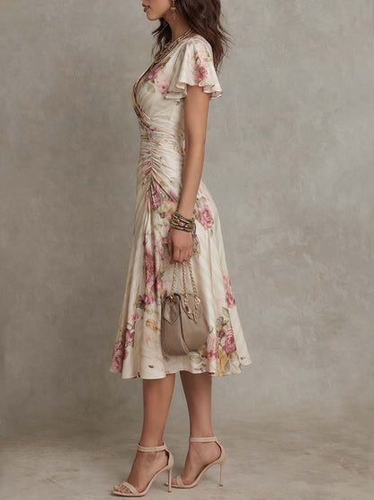 Elegant Vintage Floral Chiffon Midi Dress