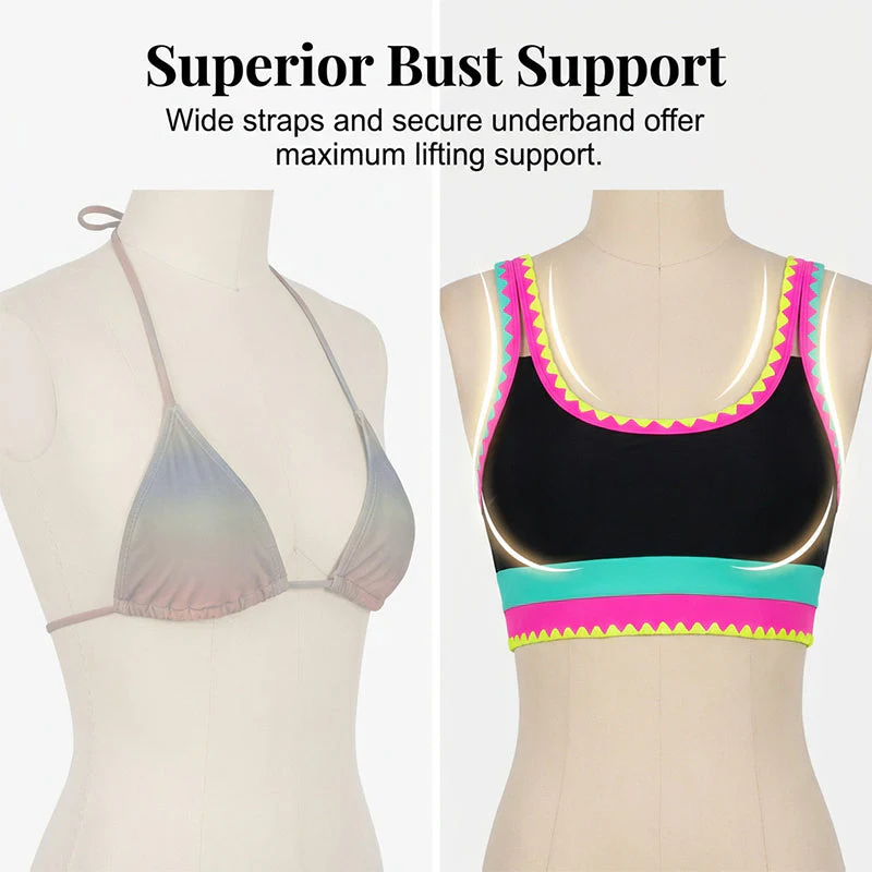 Color Contrast Patchwork Nylon Sporty 3 Piece Bikini Sets