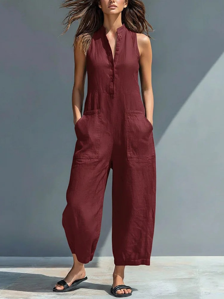 Women's Minimalist Linen Blend Button-up Stand-collar Sleeveless Loose Jumpsuit