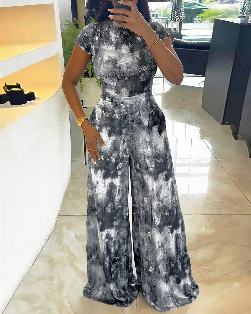 2 Pieces Outfit Mock Neck Short Sleeve Slim Fit Top and High Waist Wide Leg Pants Set Casual Tie Dye Print Sheer Mesh Set