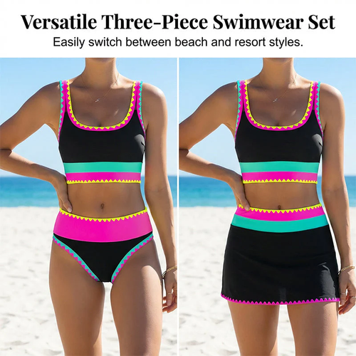 Color Contrast Patchwork Nylon Sporty 3 Piece Bikini Sets