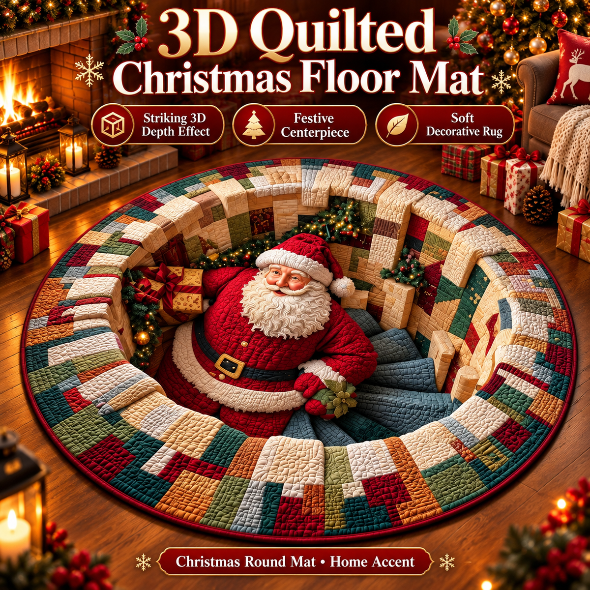 🎄 3D Christmas Santa Illusion Round Floor Mat – Cozy Holiday Home Decor
