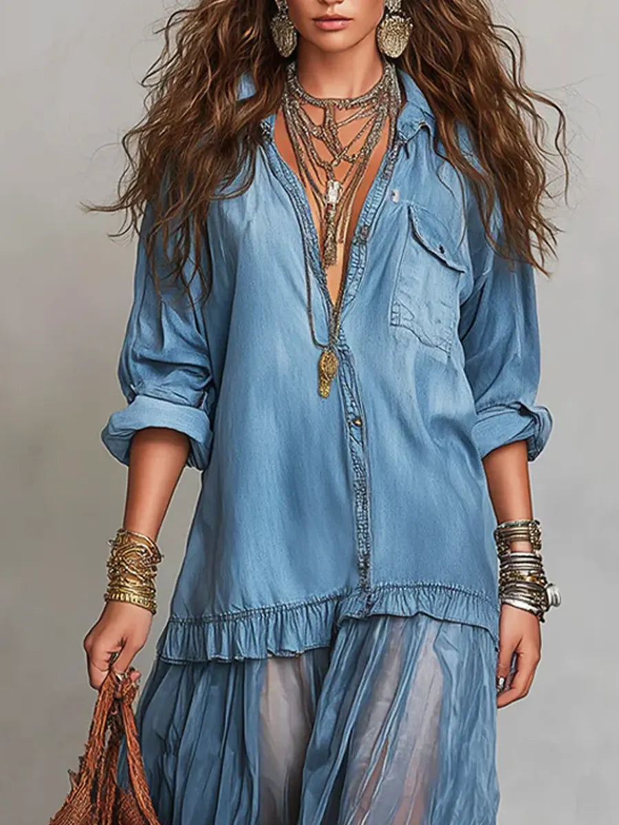 Women's Retro Lapel Denim Organza Patchwork Art Casual Maxi Dress