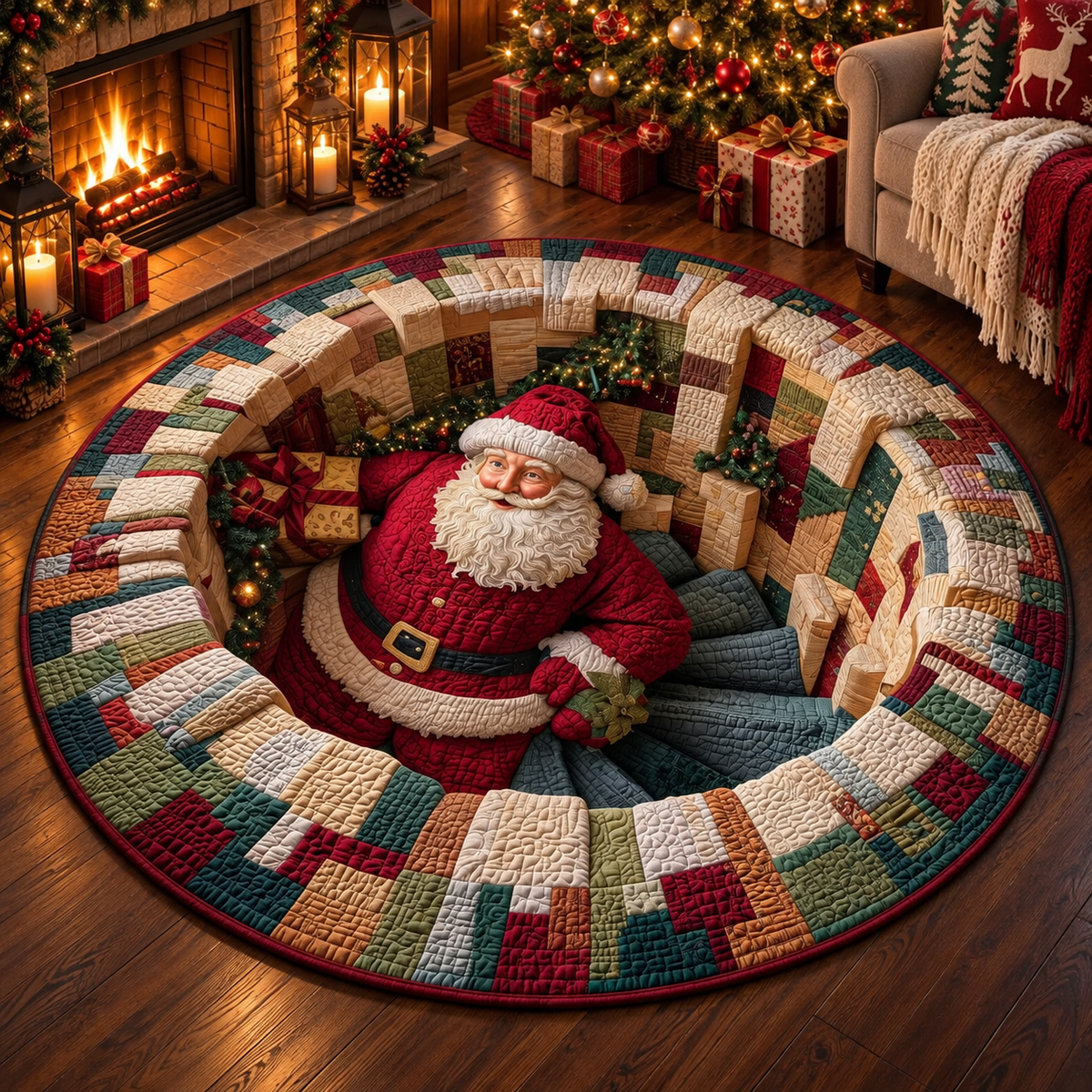 🎄 3D Christmas Santa Illusion Round Floor Mat – Cozy Holiday Home Decor