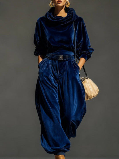 Vintage brown velvet hoodie and loose-fitting trousers set(Includes belt)