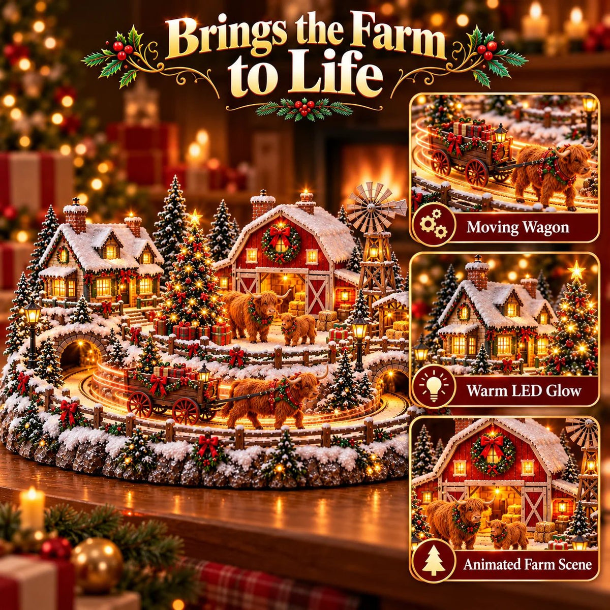 ⌛Last Day 49% OFF🐮 Highland Cow Christmas Farm Village – Lighted Farmhouse Holiday Décor 🎄✨