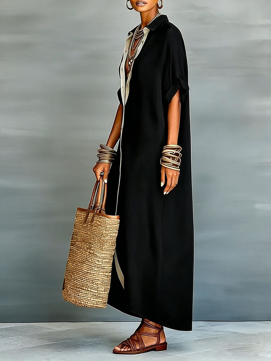 Loose Short Sleeves Buttoned Pockets Split-Joint Lapel Maxi Dresses