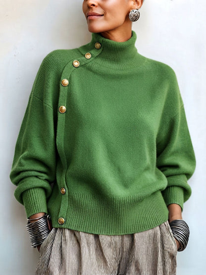 Chic Elegant Asymmetrical Button Turtleneck Sweater